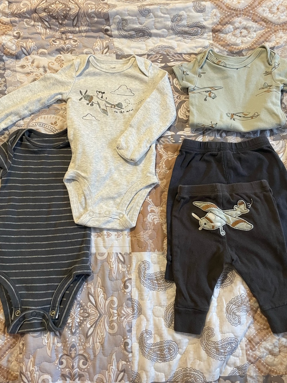 2 Airplane Dog Outfits 5pcs Matching Sets Sage Blue Gray Brown Leggings Onesies